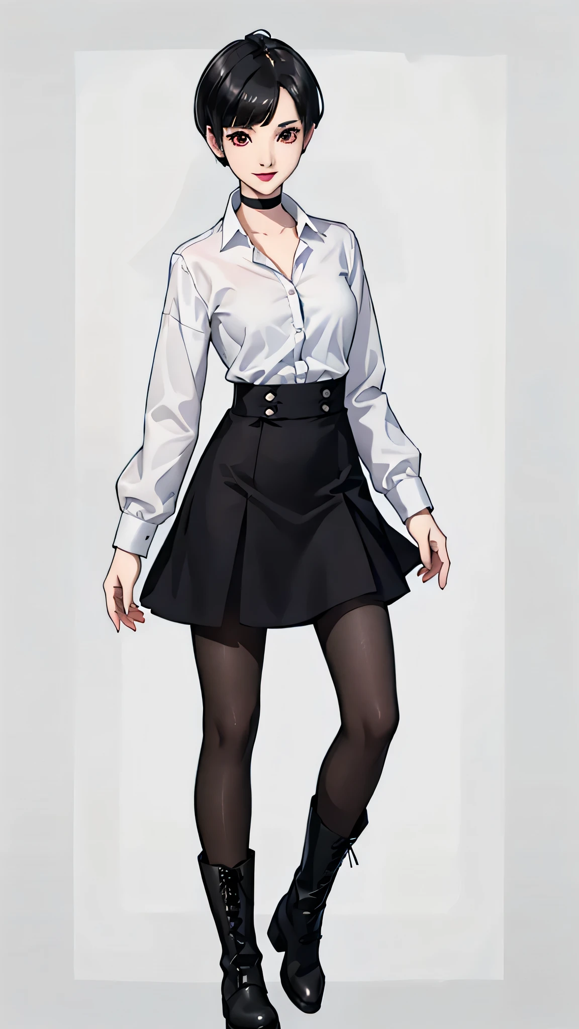 1 girl, very Short hair, black hair,tomboy Pixie haircut, red eyes, black lipstick, black choker, full body , white button shirt, long skirt, pantyhose, boots, front face, white background, front face, smile, up view, look at viewer,