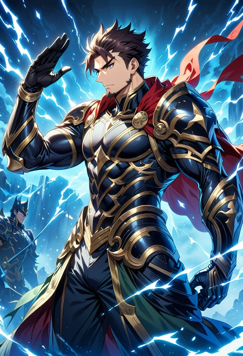 (( masterpiece )), (( best quality)), ( ultra detailed ), Extremely detailed 8k CG Unity background image, Official artwork, Accurately described shapes, Detailed hands, expressive eyes, 1 male, single man, Hector ( fate/ grand order ), tall warrior, Hair falling down, Short dark hair, Tied up, slightly disheveled hair, Serious and defined face, Prominent jaw, Thin, well-trimmed beard, Goatee, Dark eyes, Piercing gaze, Tight-fitting green jacket, Long sleeves, Modern style jacket, with black details ( gold on the edge ), Black gloves for all fingers, Balanced, Dark pants, Straight and balanced cut, Black boots, with metallic details, Black t-shirt under the jacket, Tight-fitting green jacket, Gold trim, Reinforced gloves and boots, Holding large spear with left hand, Black spear, Dark collar and edges, Waving red cape, Gold details on the handle, Stance firm, erect, Resolute and noble expression, in the sky, Covered in electricity, blue electricity, electric powers, eyes illuminated by electricity, without armor.