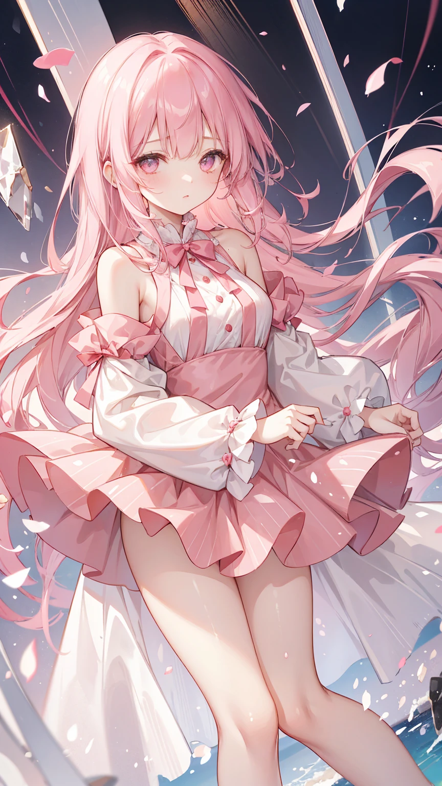 Beautiful illustrations, top quality, cute girl, (conversion sequence), magic, ((leotard)), chibi, white magic gir, fractal art, albino, baby face, long Pure white red mesh hair ,,,,,,,, beautiful and elaborate red eyes, movie-like lighting, cowboy shots, look at the viewers, happiness from the bottom, the background is cherry blossoms