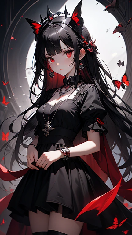 Expressionless,,(Dark fantasy),(( amazing illustration)),(Detail Splash),   long black hair,  Red Eyes,  girl, Pure black dress, Collar only, The cuffs and skirt are dark red ,  red butterfly hair clips fastened on the side, masterpiece, 最 high quality,  high quality,  Headpiece,, red and black crystal necklace, black knee socks