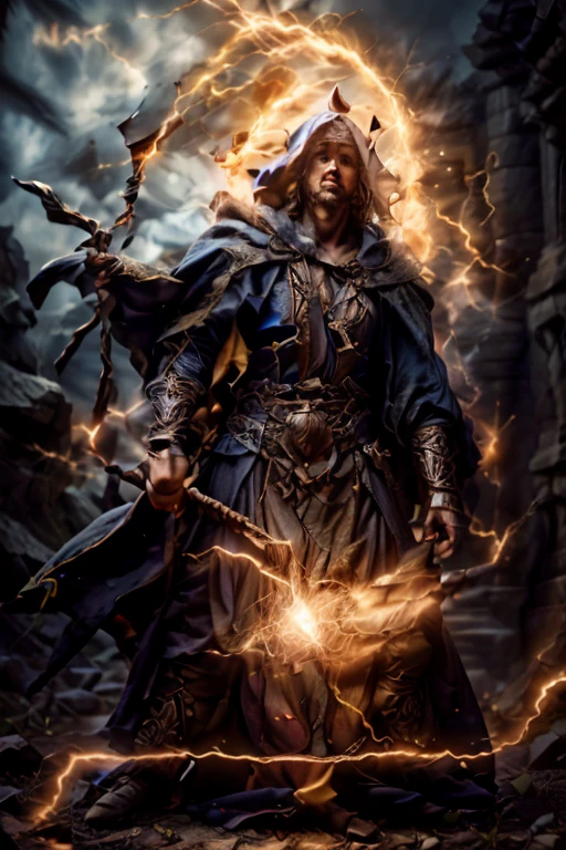 photo of a swedish man, thunder-staff, electricity, outdoors, holding staff, wizard robe, witch hat, from side, realistic, masterpiece, intricate details, detailed background, depth of field,