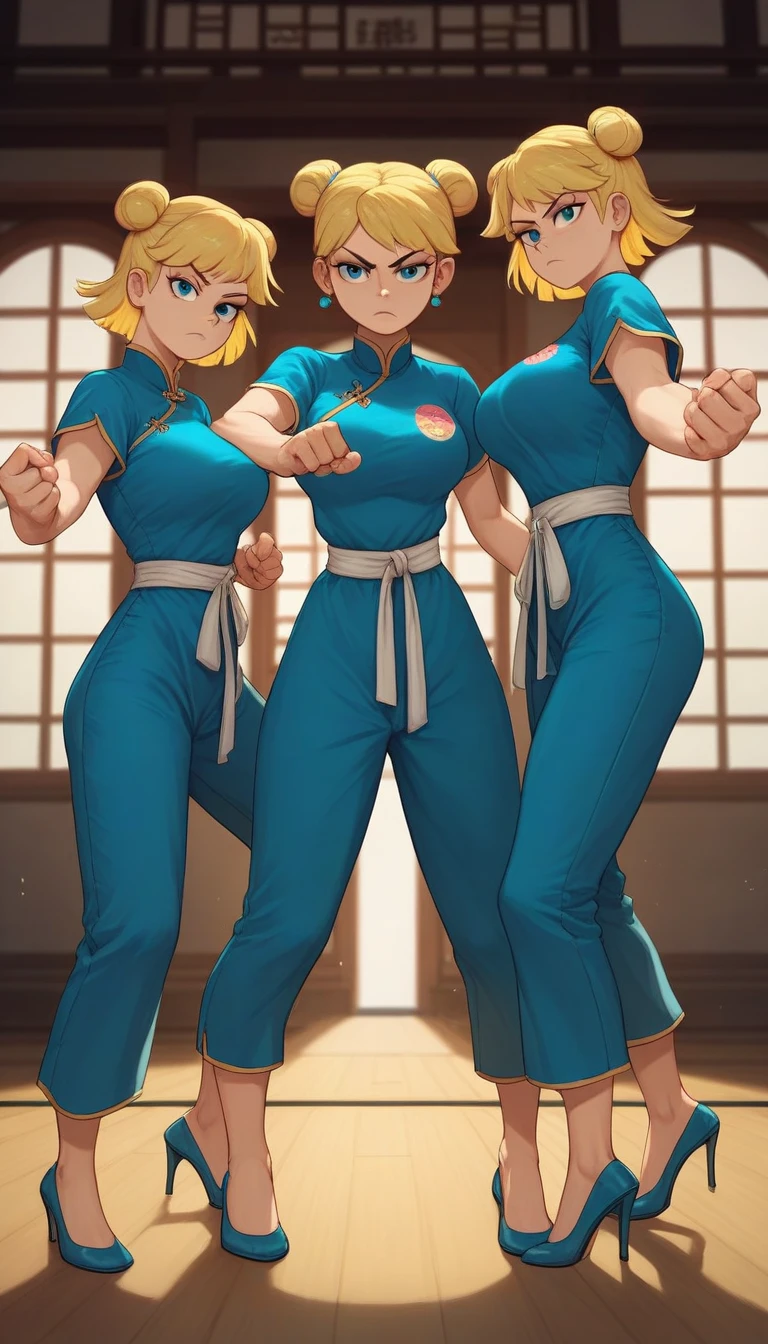 lori loud, 3girl, trio, 24yo girl, blue cheongsam,  inside of a chinese style temple, large breasts, looking at viewer, blonde hair, short hair, two hair buns , hands  score_9, score_8_up, score_7_up, high heels,teep fighting stance,martial arts, long pants, triplets