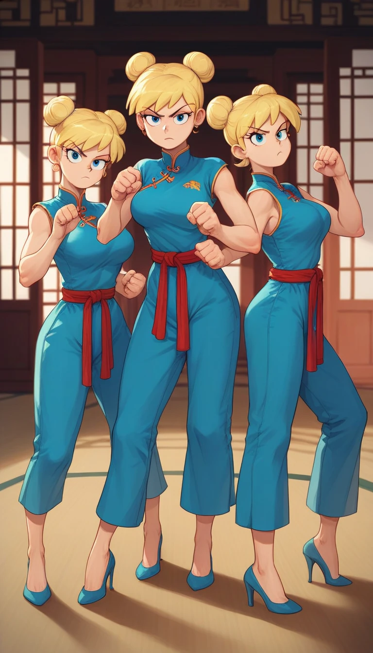 lori loud, 3girl, trio, 24yo girl, blue cheongsam,  inside of a chinese style temple, large breasts, looking at viewer, blonde hair, short hair, two hair buns , hands  score_9, score_8_up, score_7_up, high heels,teep fighting stance,martial arts, long pants, triplets