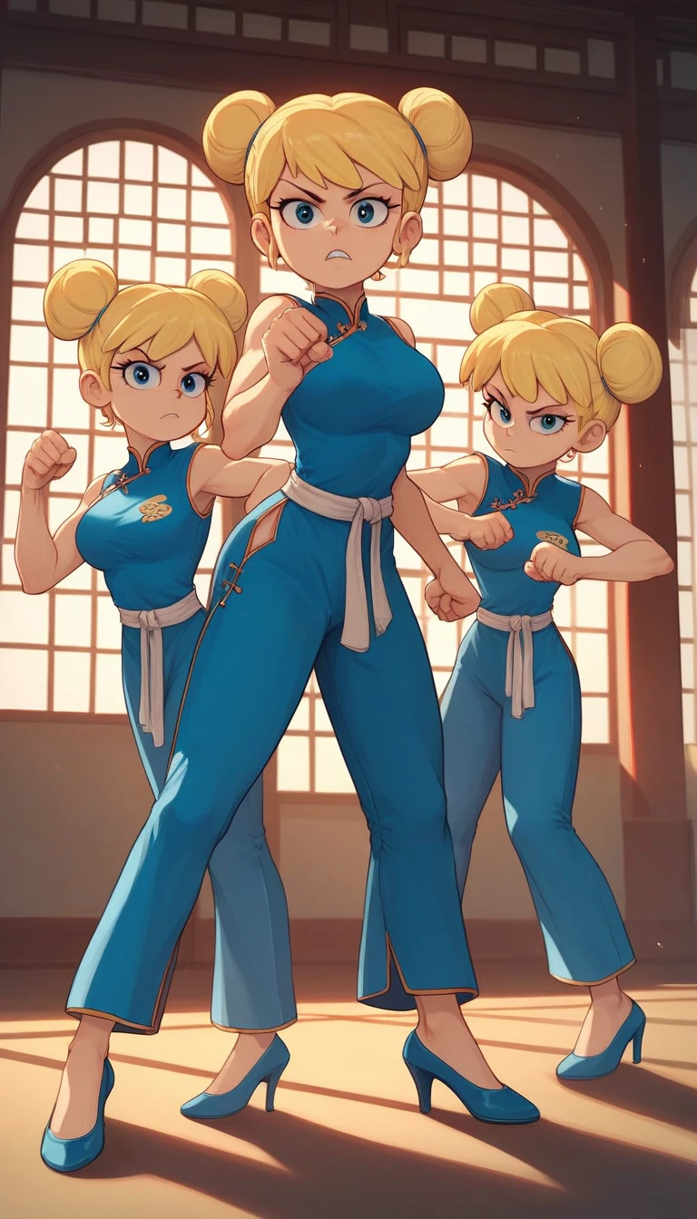 lori loud, 3girl, trio, 24yo girl, blue cheongsam,  inside of a chinese style temple, large breasts, looking at viewer, blonde hair, short hair, two hair buns , hands  score_9, score_8_up, score_7_up, high heels,teep fighting stance,martial arts, long pants, triplets