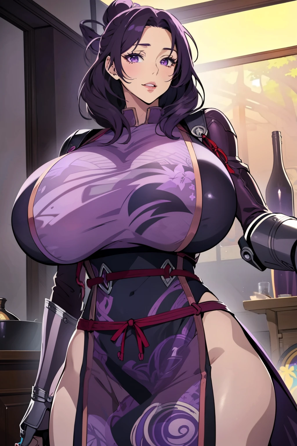 An anime-style artwork depicting rixia mao
Tags: best quality, (masterpiece:1.2), illustration, absurdres, (1girl), (solo), (beautiful detailed girl), (upper body, portrait), Rixia Mao, (dark purple hair:1.3), medium hair, purple eyes, huge breasts, purple china dress, armored boots, thighhigh boots, thigh boots, armored gauntlet, pelvic_curtain, , anime, detailed eyes, detailed lips, , , smiling expression, intense gaze, dynamic pose, indoor, palace, vibrant colors, digital art, high-resolution, professional quality, gigantic breasts, cleavage,  curvy, cowboy shot, (gigantic breasts: 1.4),