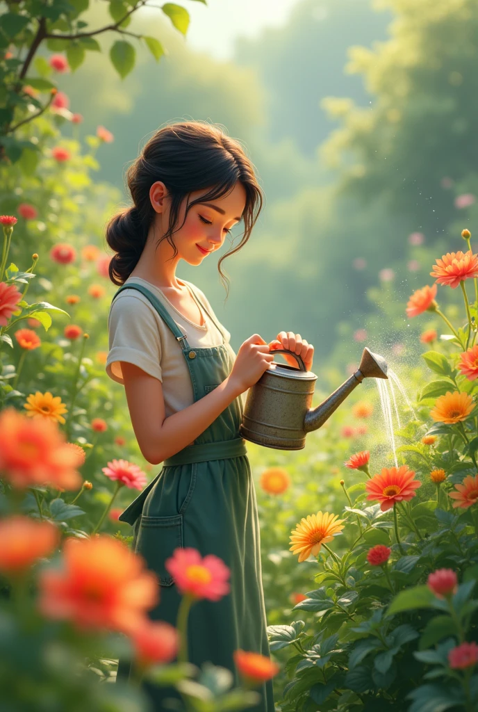 A beautiful woman is watering the colorful flowers in front of the house while her pet cat is watering the flower plant in a small cup with her.