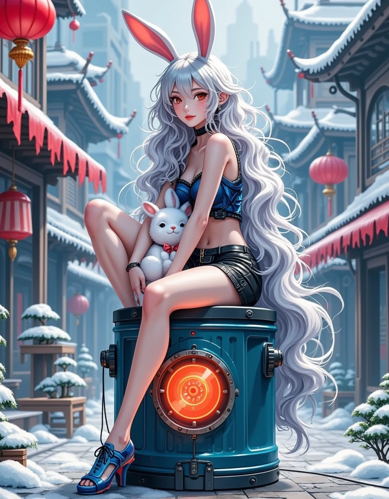  Ultra Realistic Photography， A long-haired woman sits on a tech charging bucket 。 Her hair is silvery white ，Curly and fluffy ， with bunny ears on her head 。 She's wearing a top 、 black shorts and blue shoes ， and a bow decoration on her shoes 。 A little white bunny on her lap ， and lies another little bunny on her shoulder。 The background is cyberpunk urban ，Neon