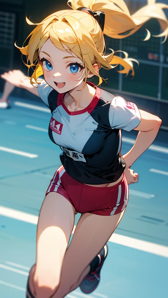 (Original Character、Unity 16K Wallpaper, Masterpiece, Best Quality, Ultra-Detailed, Extremely Detailed CG, Caustics, Cinematic Lighting, Detailed, Beautiful Detailed Eyes, solo), Ultra High Resolution, fine skin, (track and field:1.2) 、(strong light)、oily skin,smile , from front:1.2、(sexy women)、Arena、full body shot、separate、racing bloomers、show off belly,show off neck,sunny day、cowboy shot,yellow hair、sit on the bench,open legs,pixie cut,blush angry,short hair, yellow track uniform