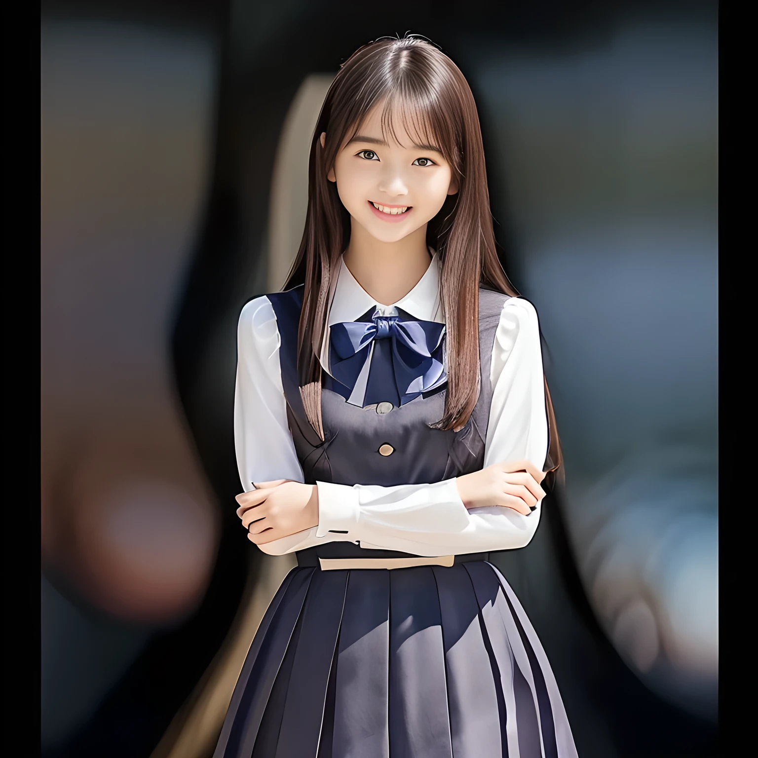 (Highest quality, masterpiece:1.2), Highest quality, High resolution, 1080P, 8k, height: 158cm, (A **** Japanese beautiful fashion model is seated, cute skirt with beautiful knees, putting her hands front and beautiful fingers, looking at the viewer, can't stop showing cute smile open mouth because of feeling too funny about the viewer, very white-white face, very proud of her long straight hair, using face-whitening cosmetics, prominent cool eyes, opened laughing giggling most open mouth, too expensive luxurious feminine frilled ivory silk blouse, luxurious navy-checkered-pleats-school-skirt and bewitching ribbon on the breast, well-straitened super-super-long well-trimmed long hair: 1.5), (white thighs and knees: 1.7), (Well-balanced, prominent, lovely, drooping, double-eyelids, brown shiny large prominent eyes with detailed: 1.5), ((Beautiful well-figured glossy opened laughing lips: 1.2)), (mature breast), (Girl whom everyone loves because of her beauty and beautiful eyes and lovely fashion and noble manner), (Very beautiful, glossy, cute neat black amazingly long hair, straight well-done long hair-style: 1.3), (Drives me crazy for her glossy neat long hair and make me fall into love), (plain blue background: 1.6), (Best style like a **** fashion model, mature breast), (((Completely balanced beautiful big big eyes, looking at me))), (eyes, face and hair are especially beautifully detailed and beautifully drawn: 1.5), (Satisfactory best shot by professional famous photographer for school girl's beauty: 1.5), (The soft white light clearly shows her face extremely white: 1.2), (Feel too luxurious and expensive, girly frilled), (Very soft laughing cheeks, very soft hands pulling the breast ribbon down, People who touch it feel eternal pleasure: 1.2), (Super long hair **** too much beautiful **** idol in Japan, luxurious girly fashion, shot from her side: 1.8)