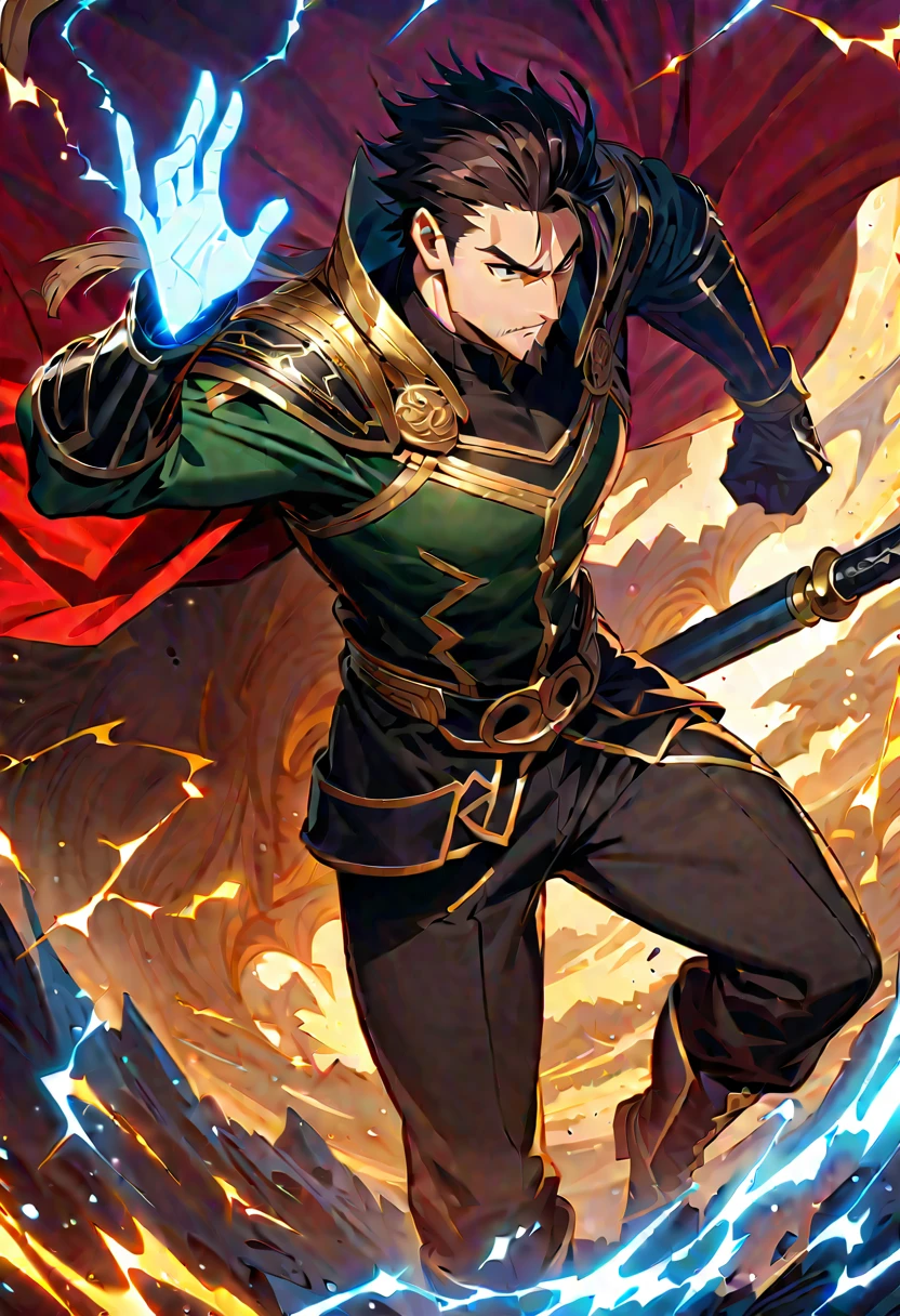 (( masterpiece )), (( best quality)), ( ultra detailed ), Extremely detailed 8k CG Unity background image, Official artwork, Accurately described shapes, Detailed hands, expressive eyes, 1 male, single man, Hector ( fate/ grand order ), tall warrior, Hair falling down, Short dark hair, Tied up, slightly disheveled hair, Serious and defined face, Prominent jaw, Thin, well-trimmed beard, Goatee, Dark eyes, Piercing gaze, Tight-fitting green jacket, Long sleeves, Modern style jacket, with black details ( gold on the edge ), Black gloves for all fingers, Balanced, Dark pants, Straight and balanced cut, Black boots, with metallic details, Black t-shirt under the jacket, Tight-fitting green jacket, Gold trim, Reinforced gloves and boots, Holding large spear with left hand, Black spear, Dark collar and edges, Waving red cape, Gold details on the handle, Stance firm, erect, Resolute and noble expression, in the sky, Covered in electricity, blue electricity, electric powers, eyes illuminated by electricity, without armor.
