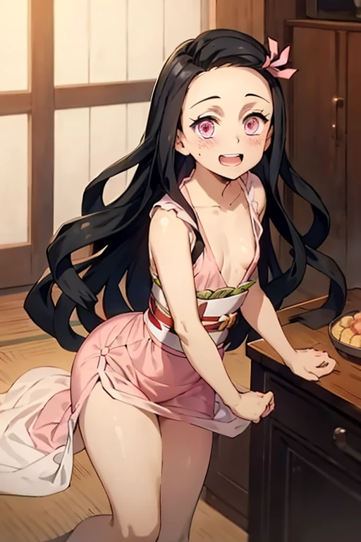 ((Best Quality)), ((masterpiece)), (be familiar with),  perfect face, indoor, bedroom,  watching viewers,
One woman, Kamado Nezuko,
 characters with open mouth ,  ecstatic expression, blush, smile,
Small breasts,  flat chest, Young girl, Lori,  ****,  girl,
Long Hair,  long hair,
Leg spread,