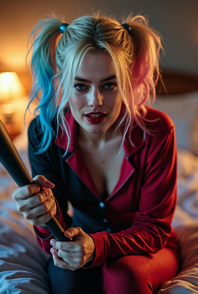 Harley Quinn sexy stabbing a bed pillow with a knife