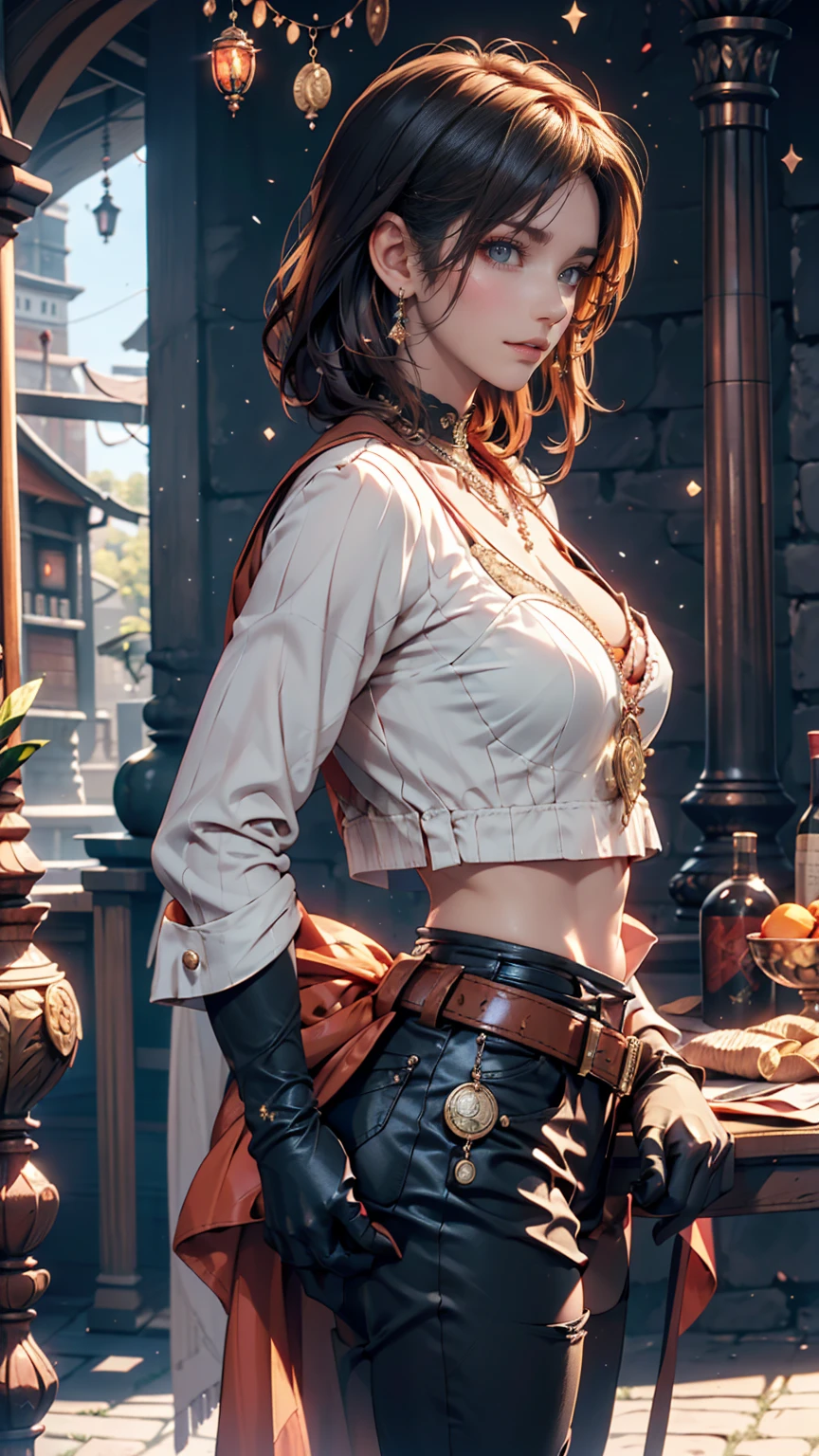 Steampunk girl at party, (white cropped top: 1.2), small breasts, black and blue leather, tattoo, super fine, super sharp, long russet hair braided, 8k, (very detailed: 1.5), full body photo, 20 megapixels, canon eos r3, delicate skin, pale skin, full body, chibi