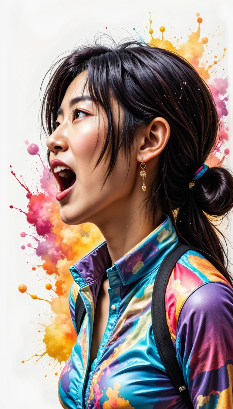 Side view of a young Asian woman,His mouth opened wide and he shouted loudly in anger...,watercolor,abstract art,greatly exaggerated