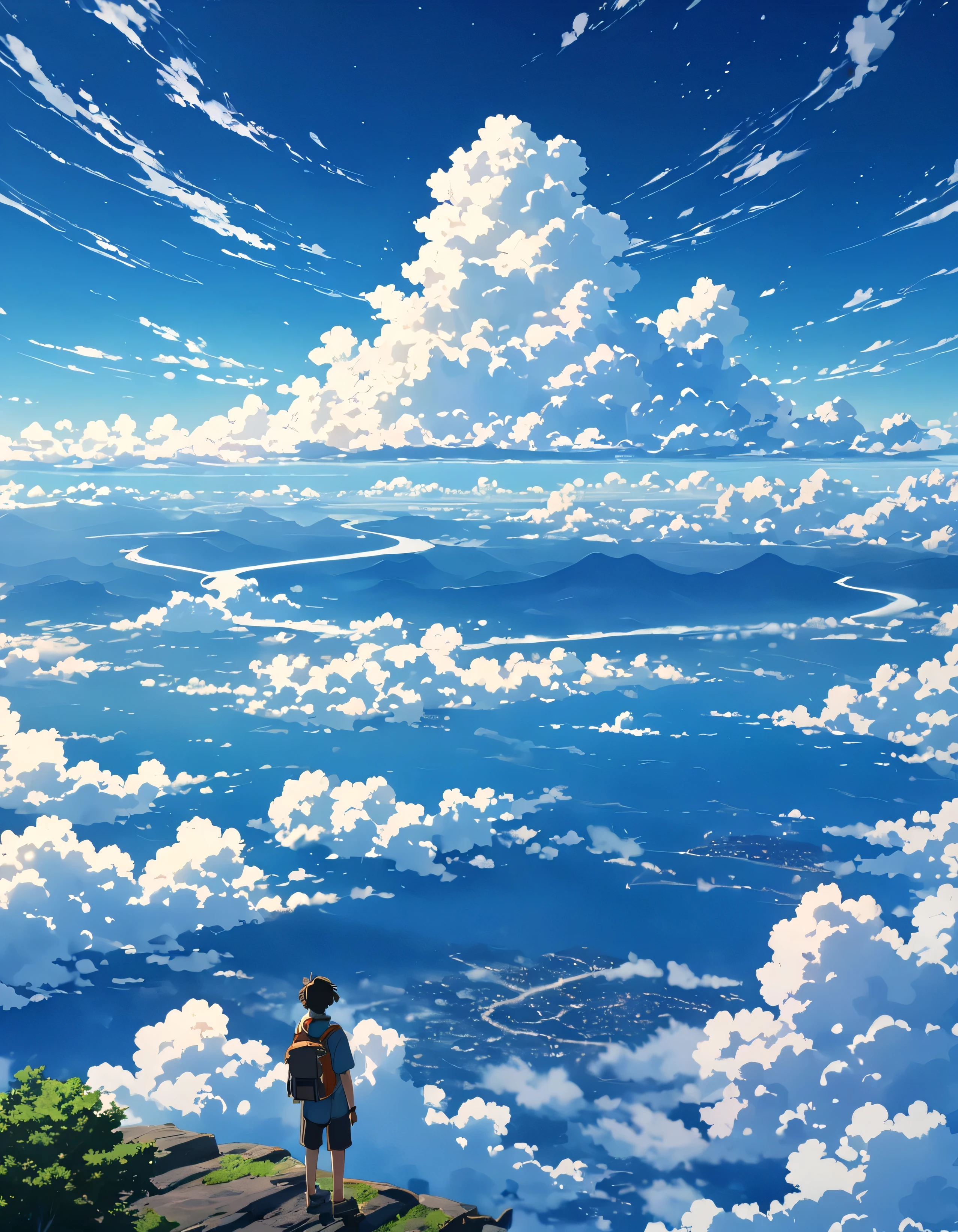 There is a sea of clouds realist !!!!!。，cloudy， Textured clouds anime style a painting of a boy on the edge of an abyss!!!  watching a vast sky , anime landscape, inspired by the brothers anime beautiful scene of peace ,  anime-realistic anime-realistic !!!!!!!!!  nostalgic animated art background , Makoto Shinkai!!,  anime movie background the best of seaart hd 8k 