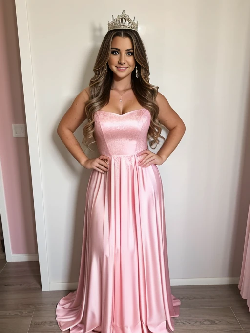 Brooke Monk dressed up as a beautiful pink princess, pink dress is very snug on body curves, curvy body, long wavy hair, wearing small crown, is wearing long dress that goes to floor, full body view, accurate face