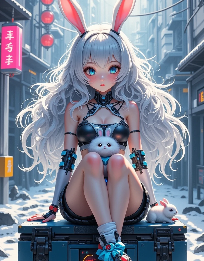  Ultra Realistic Photography，A long-haired, half-human, half-robotic girl sits on a tech charging bin。 Her hair is silvery white ，Curly and fluffy ， with bunny ears on her head 。 She's wearing a top 、 black shorts and blue shoes ， and a bow decoration on her shoes 。 A little white bunny on her lap ， and lies another little bunny on her shoulder。 The background is cyberpunk urban ，Neon