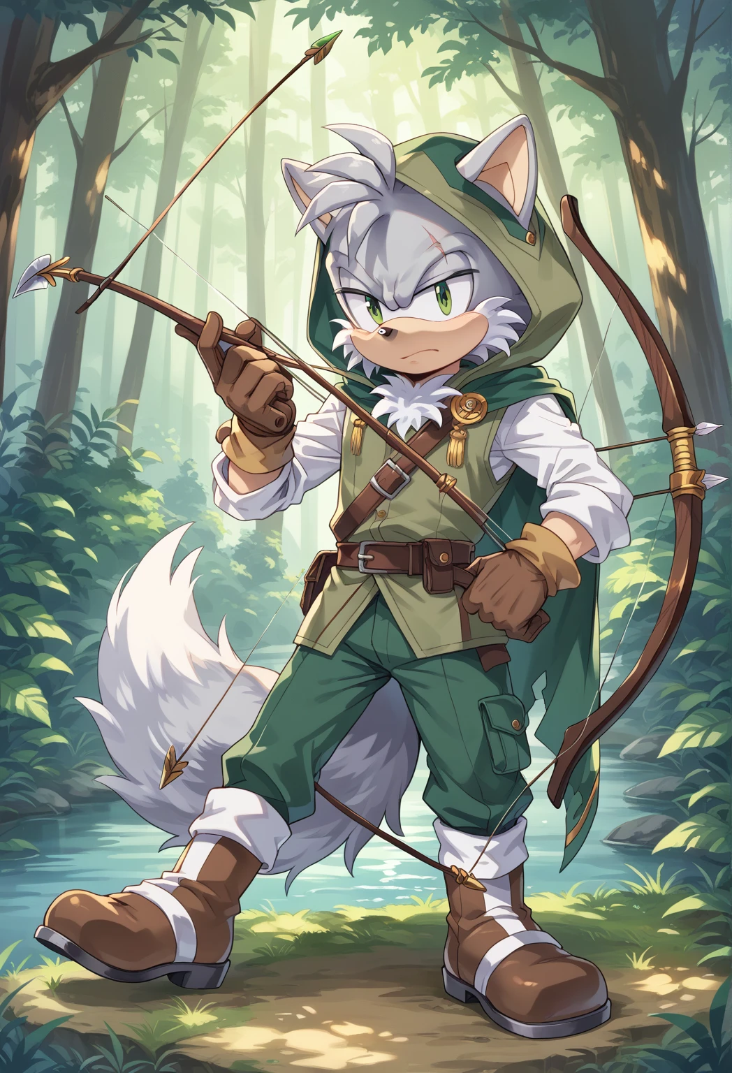 Male Wolf, ((Sonic character oc )), adult, ( silver fur in all body ), ( light gray inner ears ), (Alone), ( Short and messy hair ), forest, Left eye Blind , scar near the left eye that crosses the left eye diagonally, bow and quiver, hunter bow and arrow, Archery, wears a hood pero no esta puesta en su cabeza, brown gloves with cut toes and boots, pupil Right eye yellow , Day time, ((mobian)), moebius forest, ranger clothing, (Fluffy Fur), Large Fluffy Tail, serious and sexy pose listo para el combate, ropa desgastada