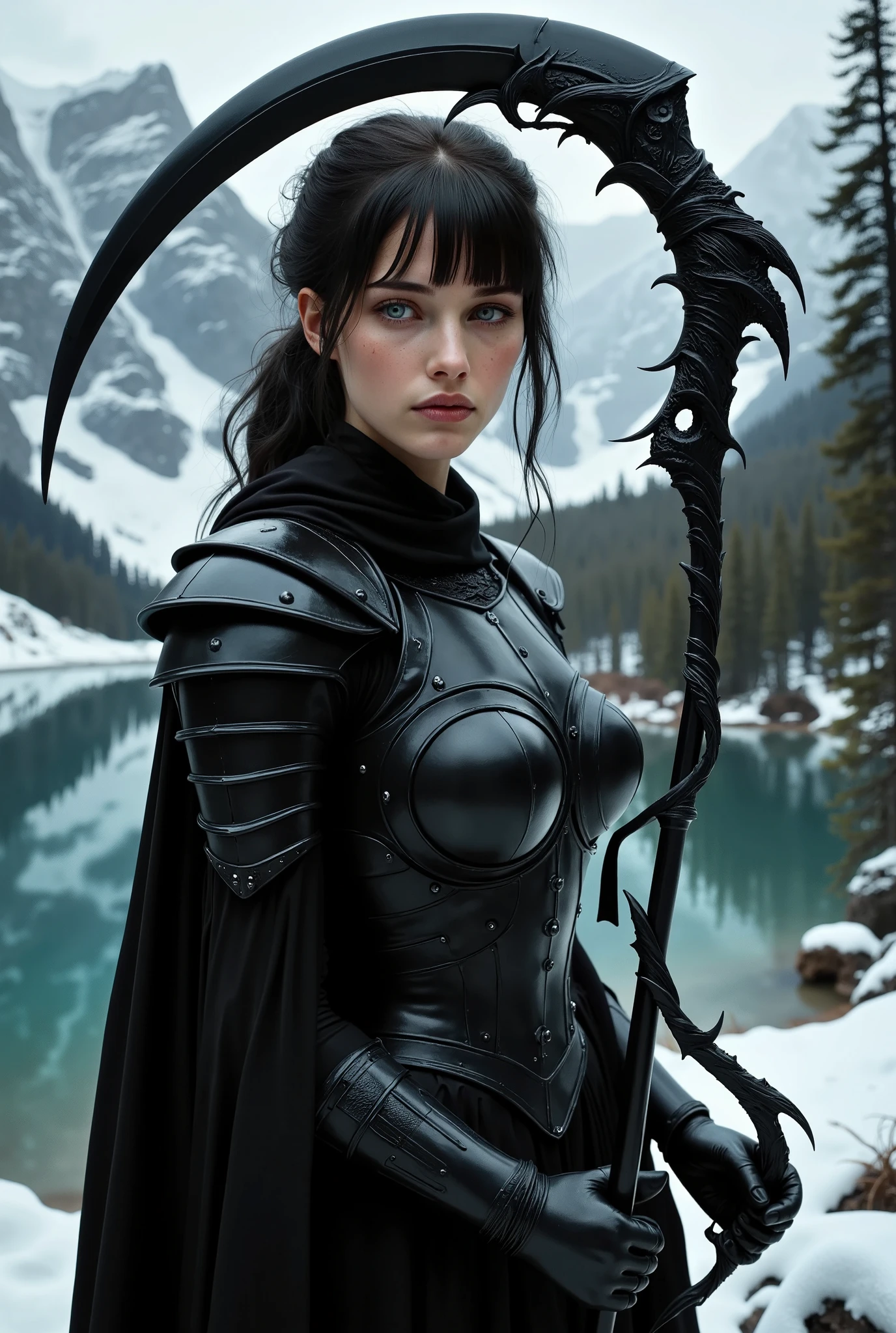 A pale beautiful young woman in her late 20s large breast, slender and stunning body, raven hair, messy hair, Deep blue eyes, Clad in full plated black armour, holding a black scythe, near a serene lake on a snowy mountain Masterpiece, Anatomically Correct, Best Quality, Accurate, High Resolution, High Details, UHD, Large breasts, Bangs, Short Hair, Black Hair, Hair Between Eyes, Shiny Hair, Wavy Hair, stunningly beautiful like a goddess and pale ghostly white, Short hair
