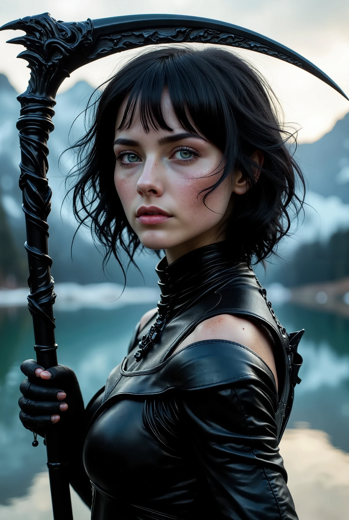 A pale beautiful young woman in her late 20s large breast, slender and stunning body, raven hair, messy hair, Deep blue eyes, Clad in full plated black armour, holding a black scythe, near a serene lake on a snowy mountain Masterpiece, Anatomically Correct, Best Quality, Accurate, High Resolution, High Details, UHD, Large breasts, Bangs, Short Hair, Black Hair, Hair Between Eyes, Shiny Hair, Wavy Hair, stunningly beautiful like a goddess and pale ghostly white, Short hair
