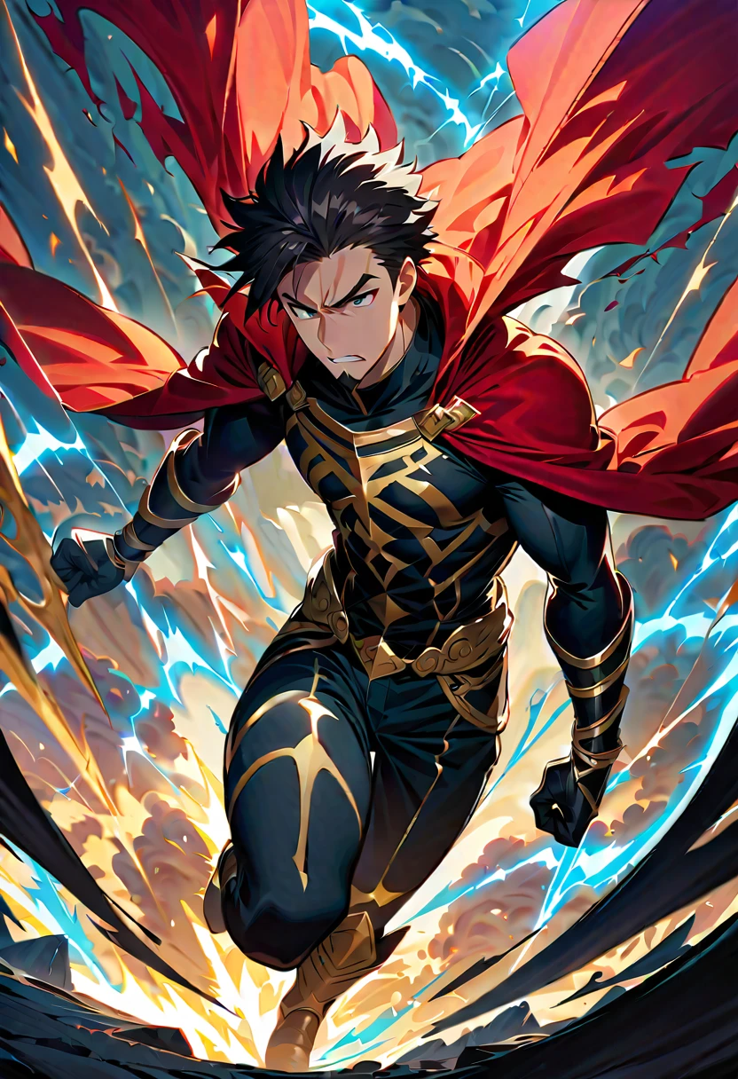 (( masterpiece )), (( best quality)), ( ultra detailed ), Extremely detailed 8k CG Unity background image, Official artwork, Accurately described shapes, Detailed hands, expressive eyes, 1 male, single man, Hector ( fate/ grand order ), tall warrior, Hair falling down, Short dark hair, Tied up, slightly disheveled hair, Serious and defined face, Prominent jaw, Thin, well-trimmed beard, Goatee, Dark eyes, Piercing gaze, Tight-fitting green jacket, Long sleeves, Modern style jacket, with black details ( gold on the edge ), Black gloves for all fingers, Balanced, Dark pants, Straight and balanced cut, Black boots, with metallic details, Black t-shirt under the jacket, Tight-fitting green jacket, Gold trim, Reinforced gloves and boots, Holding large spear with left hand, Black spear, Dark collar and edges, Waving red cape, Gold details on the handle, Stance firm, erect, Resolute and noble expression, in the sky, Covered in electricity, blue electricity, electric powers, eyes illuminated by electricity, without armor.
