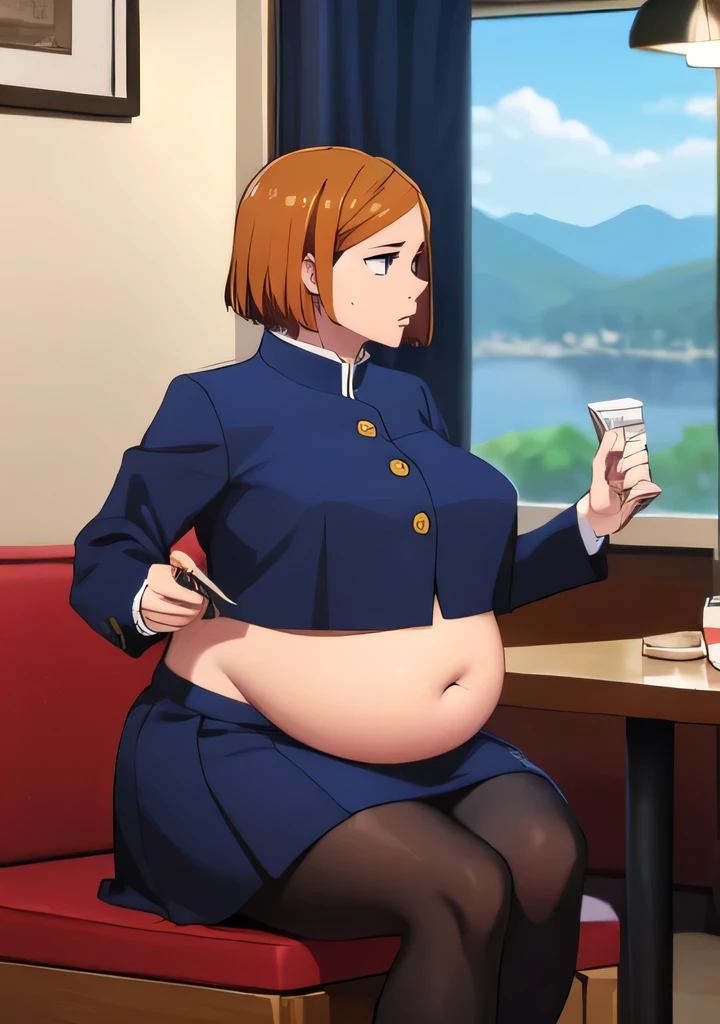 (masterpiece,best quality),1 girl,big belly,belly inflation,round belly,distended belly,large brests,brests expansion,thunder thighs,thick thighs,weight gain,over weight,chubby body,curvy body big eater,overeating,short hair,brown hair,torn shirt,skirt,thigh length,restaurant background,black school uniform,long sleeve,software,safe for work,sit on a chair,Kugisaki Nobara,