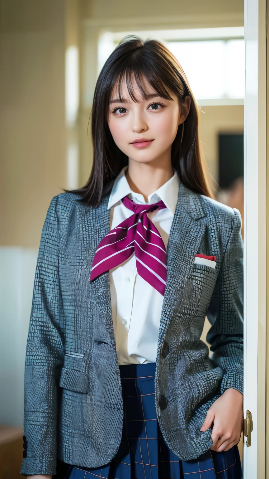 (Highest quality, 4K, 8k, High resolution, masterpiece, Genuine, Realistic, Realistic:1.3), (upper body, from below), Girl standing in a school changingroom, grin:1, ((wearing blue neckerchief white collared Uniform, Brown Blazer, dark blue plaid skirt)), ((pink striped pattern underwear)), 18-year-old, bangs, A small smile, Thighs, knees, From below, pinching skirt:0.7, open legs:0.8,