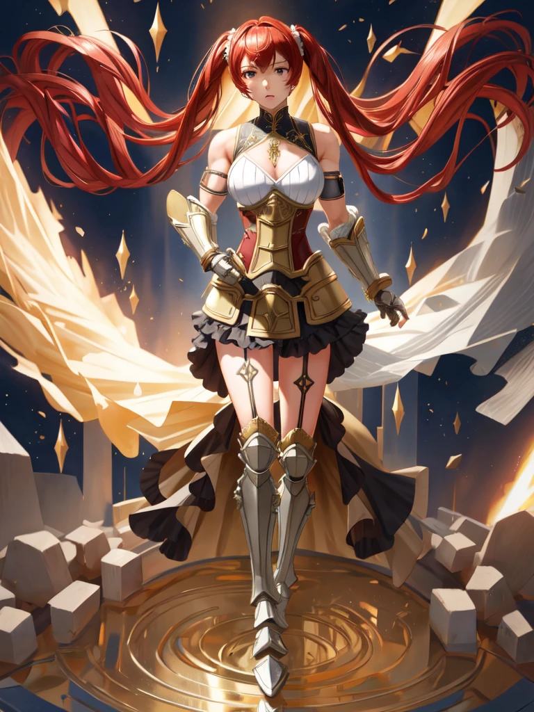 severa fe, ultra-detailed, 1girl, solo, looking at viewer, angry, hair between eyes, ((twintails)), armor, full body, tall girl, small head, High Resolution, Masterpiece, Detail, Depth Of Field, Bloom, colorful,((Bodybuilder)),((large breasts)), ample chest, slim, tall, long legs, (full body picture), (full armor), dress, (frilly dress), (goth dress)