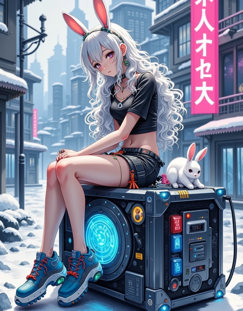  A long-haired, half-human, semi-mechanical girl sitting on a tech charging bin。 Her hair is silvery white ，Curly and fluffy ， with bunny ears on her head 。 She's wearing a top 、 black shorts and blue shoes ， and a bow decoration on her shoes 。 A little white bunny on her lap ， and lies another little bunny on her shoulder。 The background is cyberpunk urban ，Neon, 1smjx1 