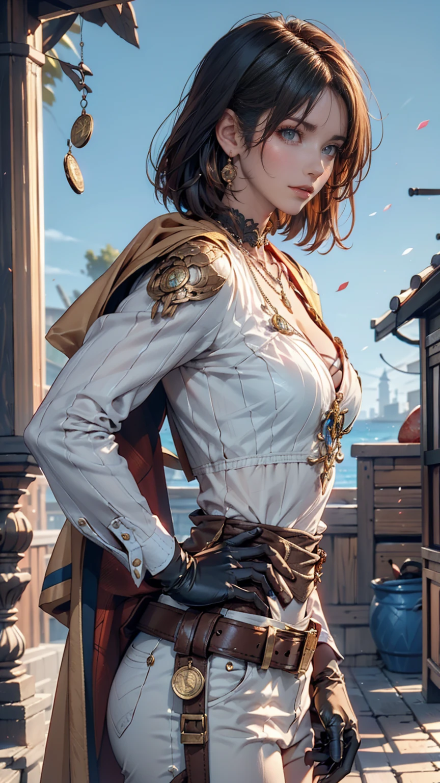 (absurdres, highres, ultra detailed, HDR), masterpiece, intricate details, best quality close-up picture of a character from suikoden, a character with handsome looks, korean face, original hair, short hair, anime blue eyes, smirking face, matured teen, pirate theme outfit showing chest, crop top, detailed pirate ship cabin background, seaside scenery, detailed character, art kenouji