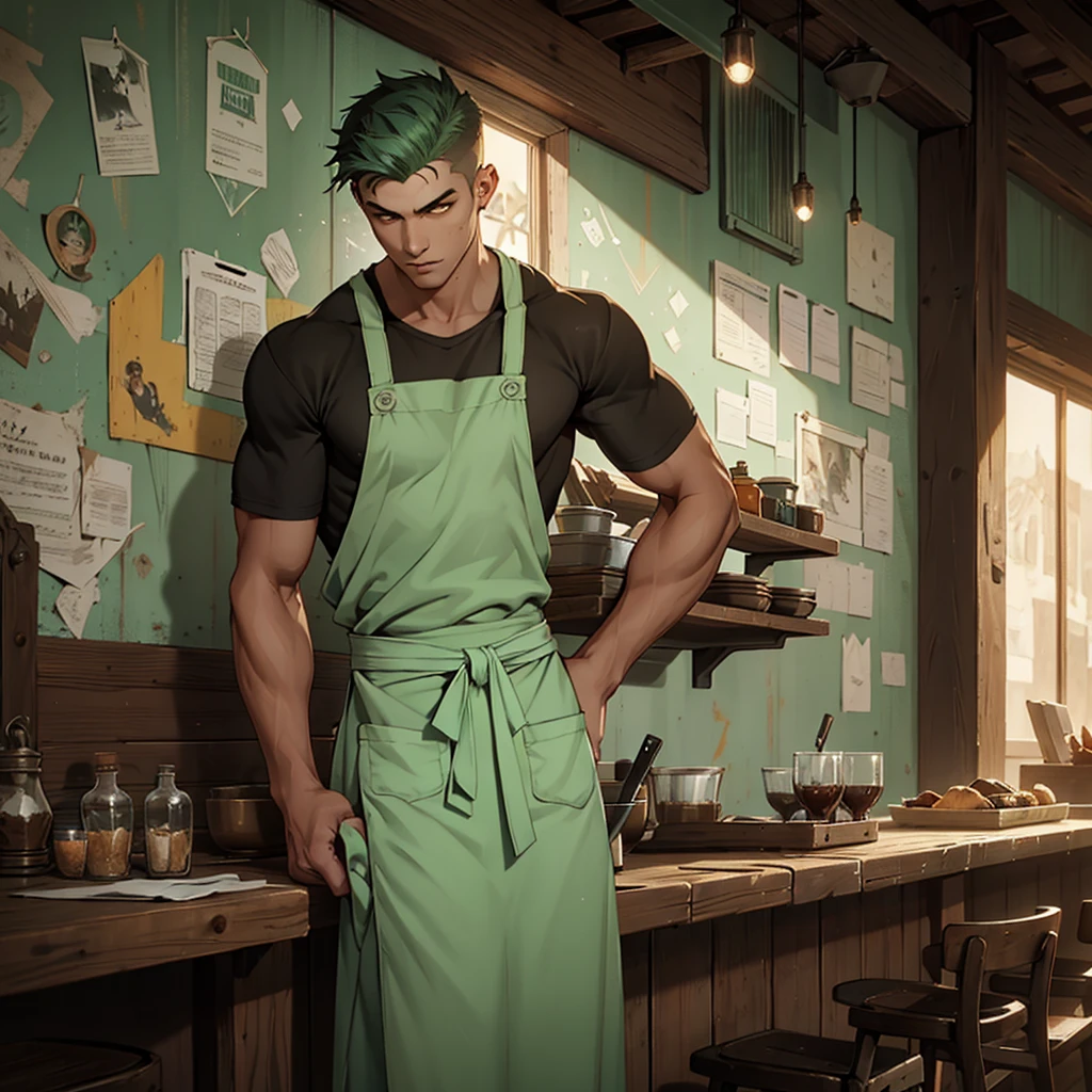 Splash art of an eighteen-year-old man, beautiful square face, mint green bezzcut style hair, slim athletic body, he is shirtless wearing a white apron, brown pants, he is in a wooden restaurant with cement walls.