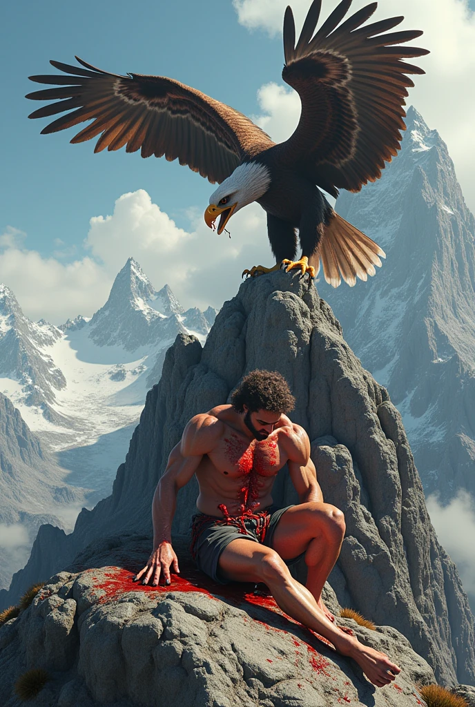 Characters: Prometheus, eagle - Description: Prometheus encadenado, eagle devouring its liver - Epoch: Greek Antiquity - Clothing: naked, chained - Place: Rock in the Caucasus - Action: Eagle attacking, Prometheus sufriendo
- Fondo: The rock, sky and mountains - Plan: Wide shot
- Estilo: hyper-realistic, Photo realism, cinematography