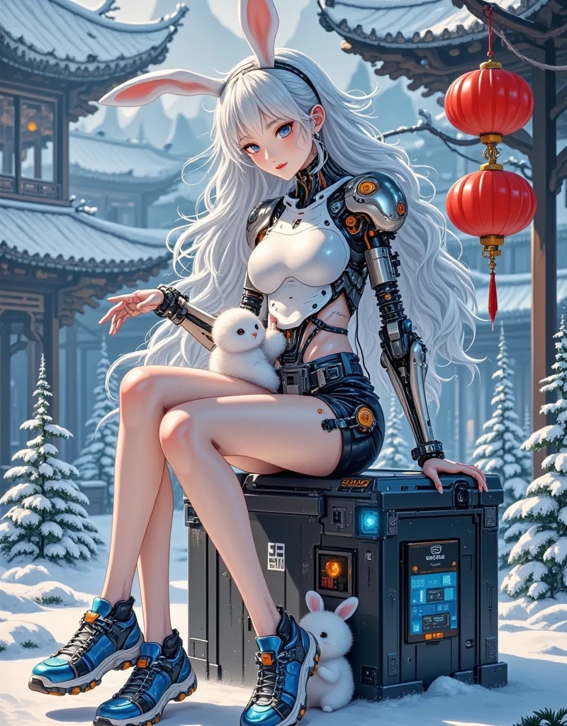  A long-haired, half-human, semi-mechanical girl sitting on a tech charging bin。 Her hair is silvery white ，Curly and fluffy ， with bunny ears on her head 。 She's wearing a top 、 black shorts and blue shoes ， and a bow decoration on her shoes 。 A little white bunny on her lap ， and lies another little bunny on her shoulder。 The background is cyberpunk urban ，Neon, 1smjx1 