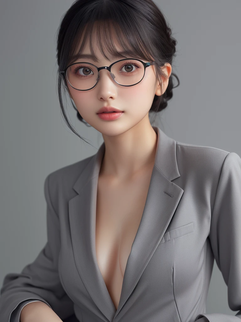 there is a woman wearing glasses and a suit jacket, portrait sophie mudd, wearing a suit and glasses, with glasses, wavy long black hair and glasses, girl with glasses, with square glasses, jovana rikalo, in suit with black glasses, thick glasses, girl wearing round glasses, girl in suit, with glasses on, sophisticated young woman, julia sarda