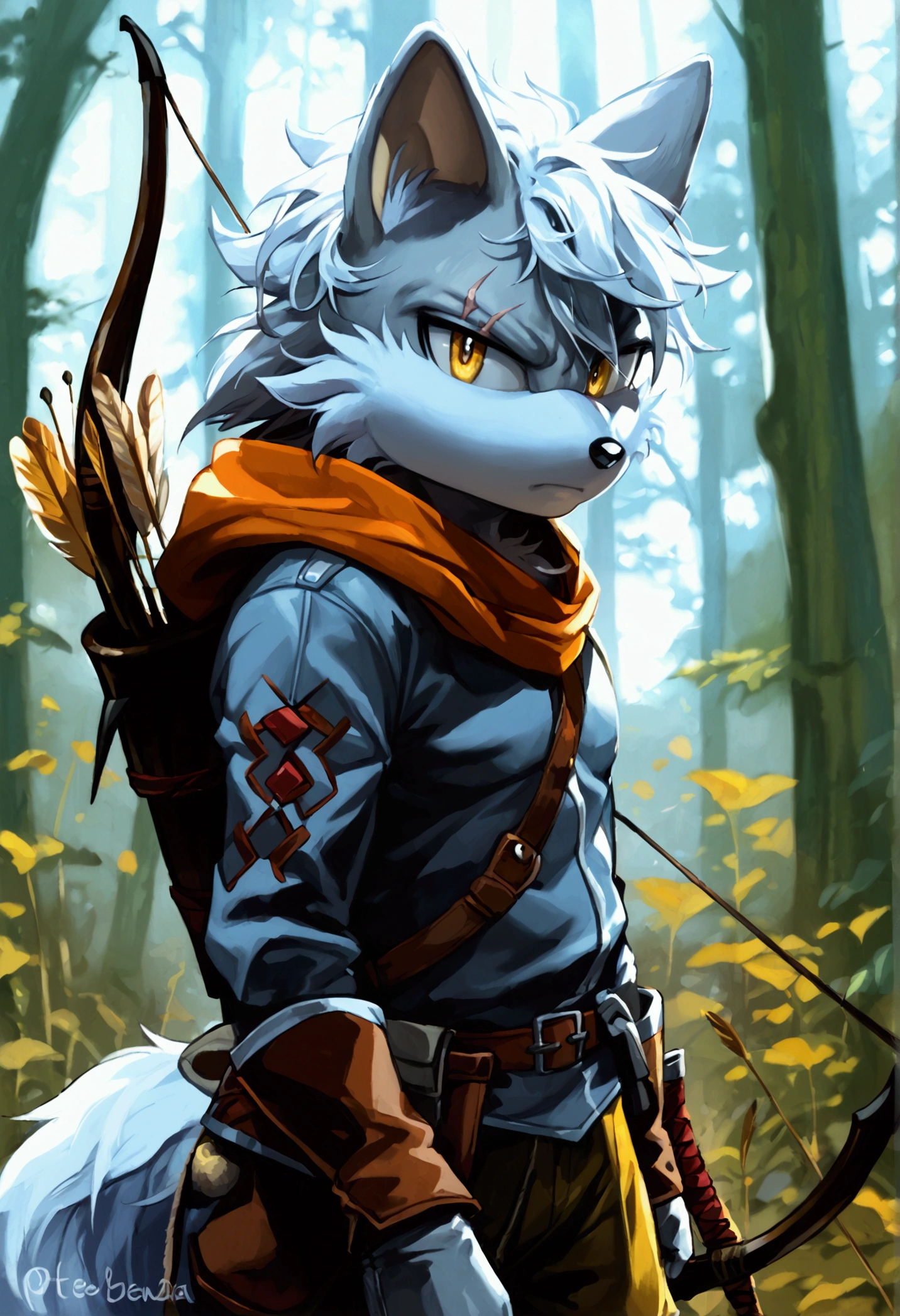 Male Wolf, ((Sonic character oc )), adult, ( silver fur in all body ), ( light gray inner ears ), (Alone), ( Short and messy hair ), forest, Left eye Blind , scar near the left eye that crosses the left eye diagonally, bow and quiver, hunter bow and arrow, Archery, wears a hood pero no esta puesta en su cabeza, brown gloves with cut toes and boots, pupil Right eye yellow , Day time, ((mobian)), moebius forest, ranger clothing, (Fluffy Fur), Large Fluffy Tail, serious and sexy pose listo para el combate, ropa desgastada