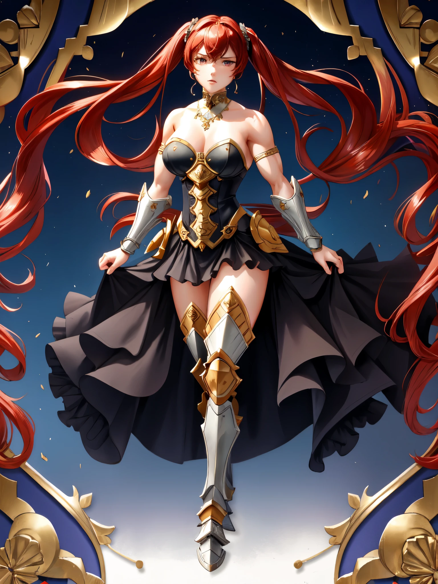 severa fe, ultra-detailed, 1girl, solo, looking at viewer, angry, hair between eyes, ((twintails)), armor, full body, tall girl, small head, High Resolution, Masterpiece, Detail, Depth Of Field, Bloom, colorful,((Bodybuilder)),((large breasts)), ample chest, slim, tall, long legs, (full body picture), (full armor), dress, (frilly dress), (goth dress), ((red irises)),Anatomically Correct, Best Quality, Award Winning,