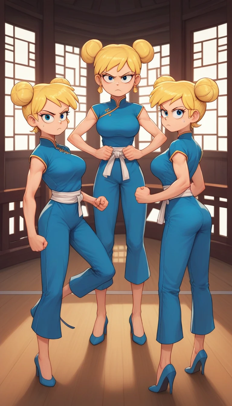 lori loud, 3girl, trio, 24yo girl, blue cheongsam,  inside of a chinese style temple, large breasts, looking at viewer, blonde hair, short hair, two hair buns , hands  score_9, score_8_up, score_7_up, high heels,teep fighting stance,martial arts, long pants, triplets, boob window only in the middle of their chest