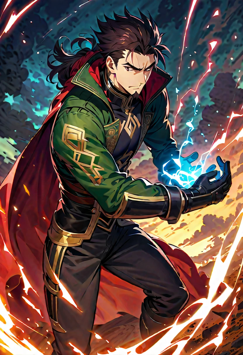 (( masterpiece )), (( best quality)), ( ultra detailed ), Extremely detailed 8k CG Unity background image, Official artwork, Accurately described shapes, Detailed hands, expressive eyes, 1 male, single man, Hector ( fate/ grand order ), Tall warrior, Hair falling down, Short dark hair, Tied up hair, slightly disheveled, Serious and defined face, Prominent jaw, Thin, well-trimmed beard, Goatee, Dark eyes, Piercing gaze, Tight-fitting green jacket, Long sleeves, Modern style jacket, with black details, Black gloves for all fingers, Balanced, Dark pants, Straight and balanced cut, Black boots, with metallic details, Black T-shirt under jacket, Tight-fitting green jacket, Reinforced gloves and boots, Holding large spear with left hand, Black spear, Dark collar and edges, Waving red cape, Gold details on handle, Firm stance, Erect, Resolute expression and noble, in the sky, Covered in electricity, blue electricity, electrical powers, eyes illuminated by electricity, without armor.