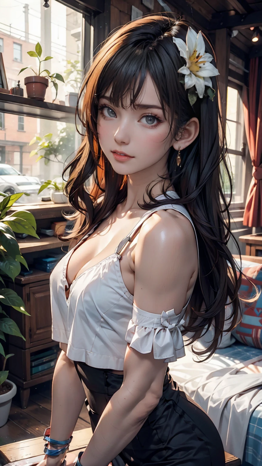 最high quality, 8K, masterpiece: 1.3, Ultra HD, high quality, 最high quality, High resolution, realism)) 、25 year old white woman、brunette、blue eyes、long hair、smile、slender、slenderだがアスリートのような細マッチョ、I don&#39;t want my head to disappear from the screen.、Wear accessories on your wrist、Wearing red nail polish、I have a peticure、aerial perspective((atmospheric perspective))、smile((smiley))、background blur((depth of field)、Wear a sheer one-shoulder dress、Wear low rise skinny jeans、Wear stiletto heels、have a clutch bag、City center background、crystal earrings((crystal earrings))、twin tails((twintails))、Braided ponytail((braided ponytail))、Bangs at the parting((parted bangs))、Barrette((hairclip))Put on