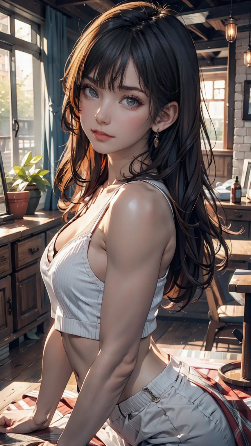 One girl, boots、24-year-old woman、Attractive Young Woman, (Beautiful Face:1.1), Detailed eyes, Seductive lips, (eye make up:1.2), (Medium chest:1.0), (Toned body:1.2), Sexy proportions、Narrow waist、western drama、Fringed vest、Faded jeans、gun belt、Cowboy hat、gun beltを握る、western drama背景