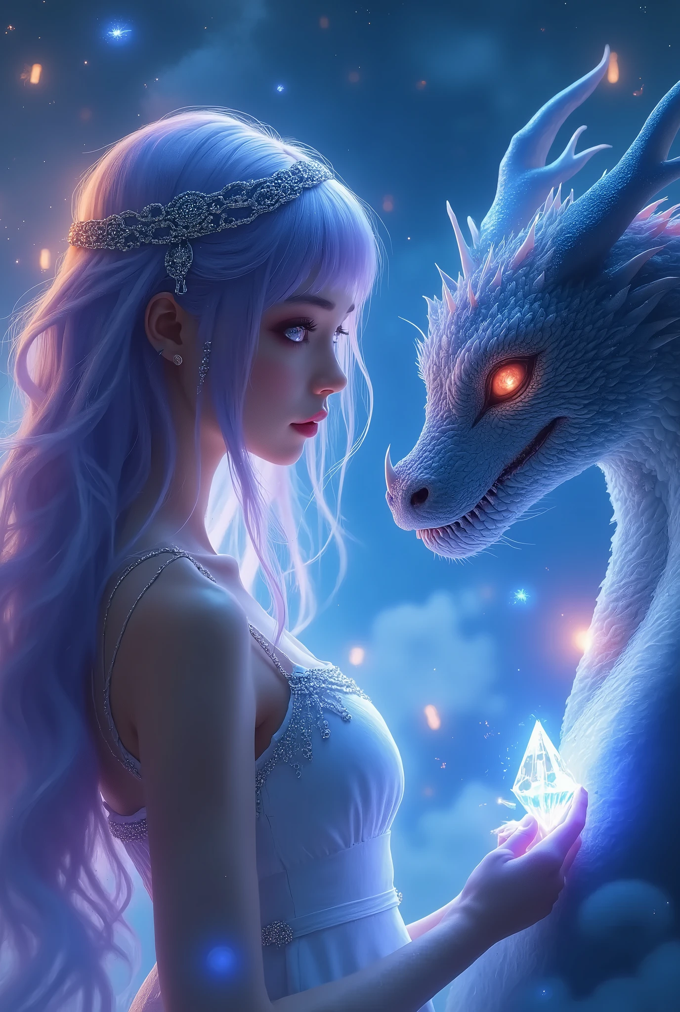 Anime elf girl, (side profile) (waist-length white hair), light pink horns, standing in a scorched forest, (night scene), (celestial background with two glowing moons and twinkling stars), the girl reaches one hand up to the (sparkling pink and gold dragons) face, atmospheric feel, ethereal and mystical tone, (highly detailed), (vibrant sky), intricate and enchanting, fantasy ambiance, (ultra-detailed).