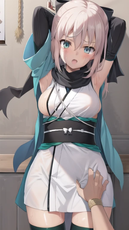 mari_\(blue_archive\), nsfw, masterpiece, 1 girl, erect nipples, intricately detailed, topless, navel, skirt, harem outfit, bare shoulders, cathedral, glass window, erect nipples, puffy nipples, extremely detailed, game, small breasts, nipples, bare stomach, sweaty, moist breath, flat chests, headdress, small breasts, collarbone, sweaty, orange hair, random pose, dancing, dynamic pose, smiling, long skirt, sarong, aqua eyes, long hair, side braid, nun veil, mouth veil, choker, dancing, seductive