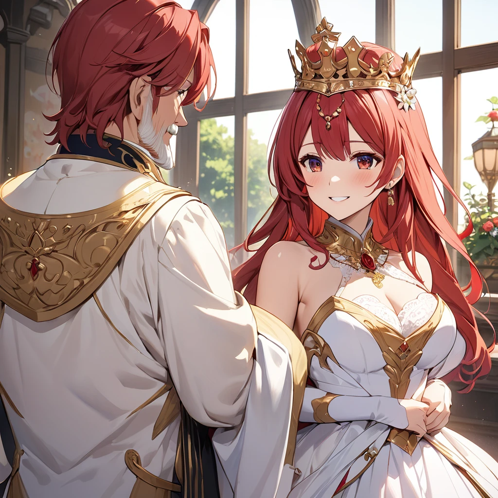  The woman who is the queen of the kingdom is a beautiful red-haired celica, wears a gorgeous royal queen dress, pledges absolute loyalty and love to the great king's old man, and supports and loves each other in public and private as a wife、((Best Quality)), ((masterpiece)), ( Details), （ perfect face）,The woman is a red-haired celica with outstanding proportions and is finished as the queen woman of the kingdom in the kingdom's mansion 、The woman is smiling gently