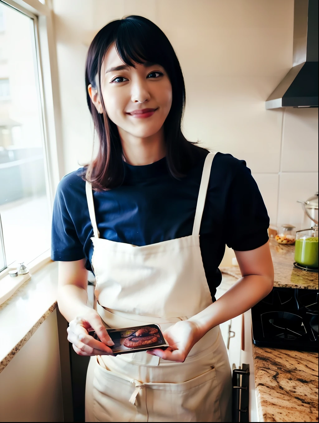 Photo of a Japanese woman cooking in the kitchen