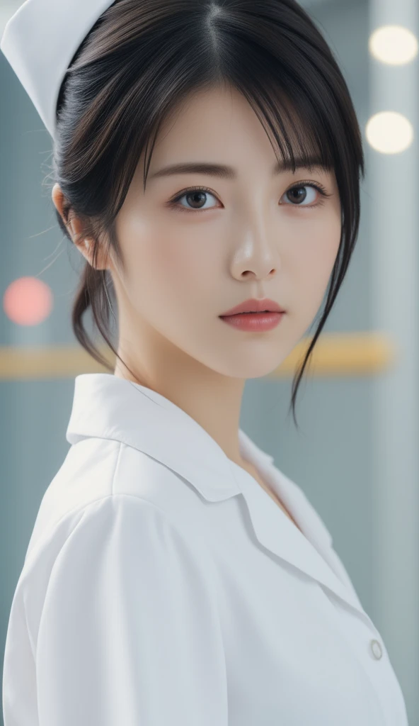 1.  pure woman ,(Wearing white nurse clothes:1.2),(Raw images, best quality), (It is true, photo-It is true:1.4),  masterpiece ,   very fine and beautiful  ,   Many details , Beautiful skin,    facial details   , Serious face、  look clean 、   Radiant eyes, Double eyelids, Plump Breasts、 Clevis、  High Resolution, soft light,   beautiful and refined girl on the plane ,   Many details  eyes and face,   beautifully detailed nose, nurse,  Complete anatomy,  Black hair ,  Upstyle , nurse uniform, ((nurse cap)), โรงnurse, clear,   white uniform , โรงnurse room, ((  High Resolution)),   Short hair, shill, focus on the face 、