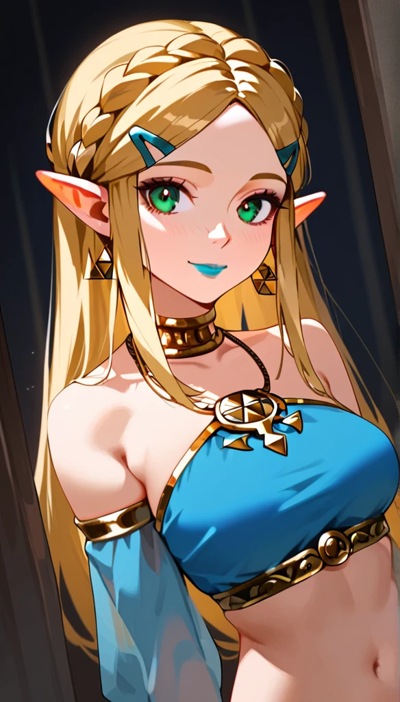 score_9, score_8_up, score_7_up, score_6_up, geewhy_style, princess Zelda,
1girl, solo, looking at viewer, jewelry, gold, tied hair, green eyes, blonde hair, pointy ears, light-skinned female, makeup, lipstick,  neck ring, blue lips, breasts, bare shoulders,  crop top
cowboy shot, dutch angle, light smile, 
