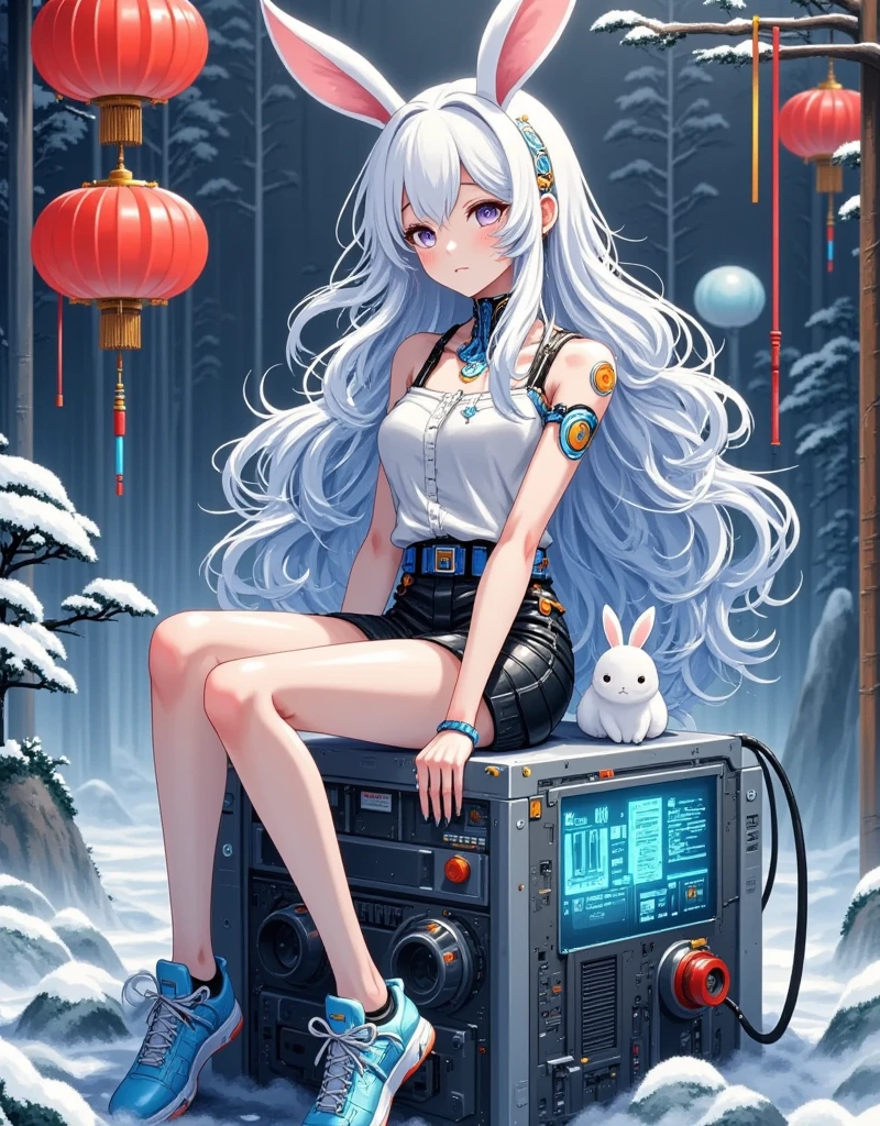 A long-haired, half-human, half-robotic girl sits on a tech charging bin。 Her hair is silvery white ，Curly and fluffy ， with bunny ears on her head 。 She's wearing a top 、 black shorts and blue shoes ， and a bow decoration on her shoes 。 A little white bunny on her lap ， and lies another little bunny on her shoulder。 The background is cyberpunk urban ，Neon, 1smjx1 