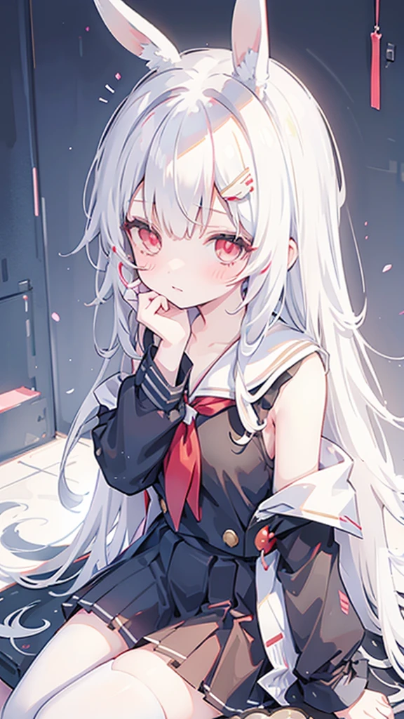 Anime Girl，White hair，Rabbit ears, Red Eyes, blushing, School Uniform