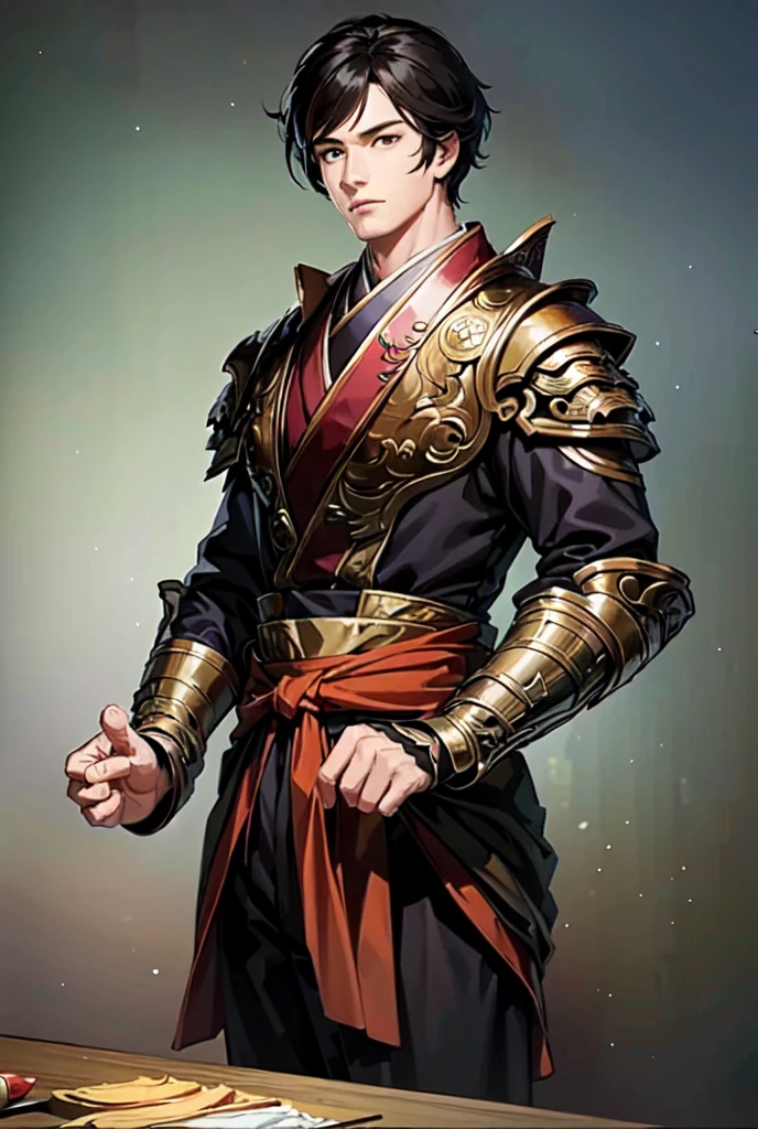 masterpiece, best quality, romance of the three kingdoms, realistic, game cg, watercolor \(medium\), 1boy, simple background, noble black clothes, Oriental, with bangs, detailed hair, detailed brown eyes, detailed clothes, short hair