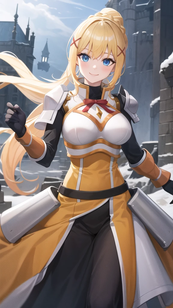 best quality, highres, 1girl, long hair, blonde hair, x hair ornament, armor, blue eyes, ponytail, hair ornament, gloves, shoulder armor, braid, black gloves, pauldrons, white boots, darkness \(konosuba\), large breasts, cowboy shot, castle, outdoors, smile,